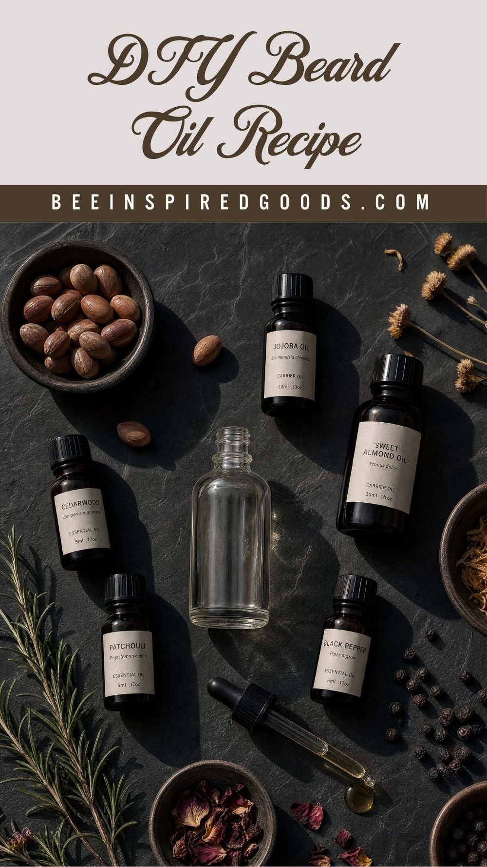 Collection of beard oil bottles and ingredients on a dark surface with 'Beeinspiredgoods.com' text.