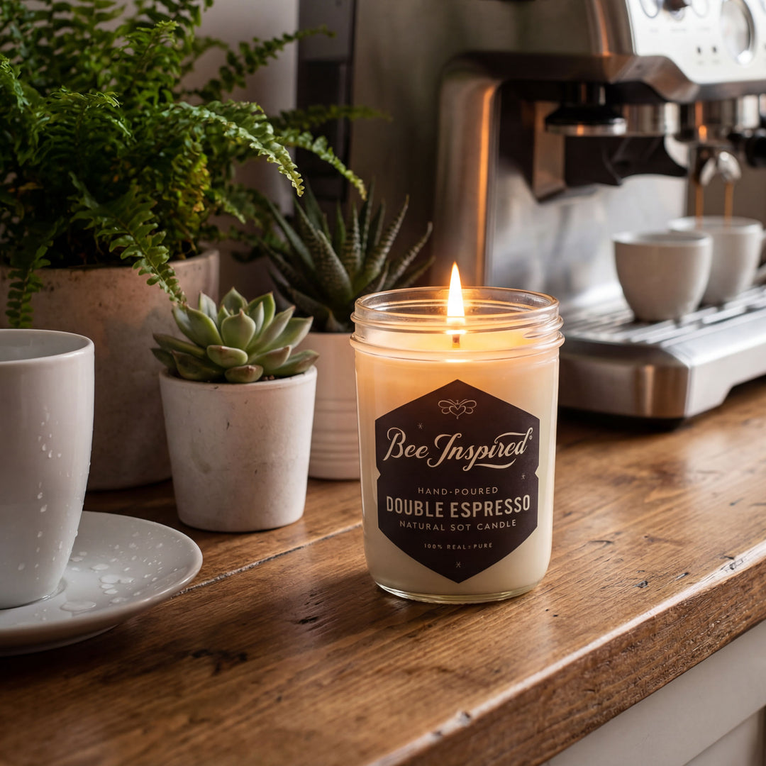 Candle labeled 'Bee Inspired Double Espresso' on a wooden surface with coffee cups and plants in the background.