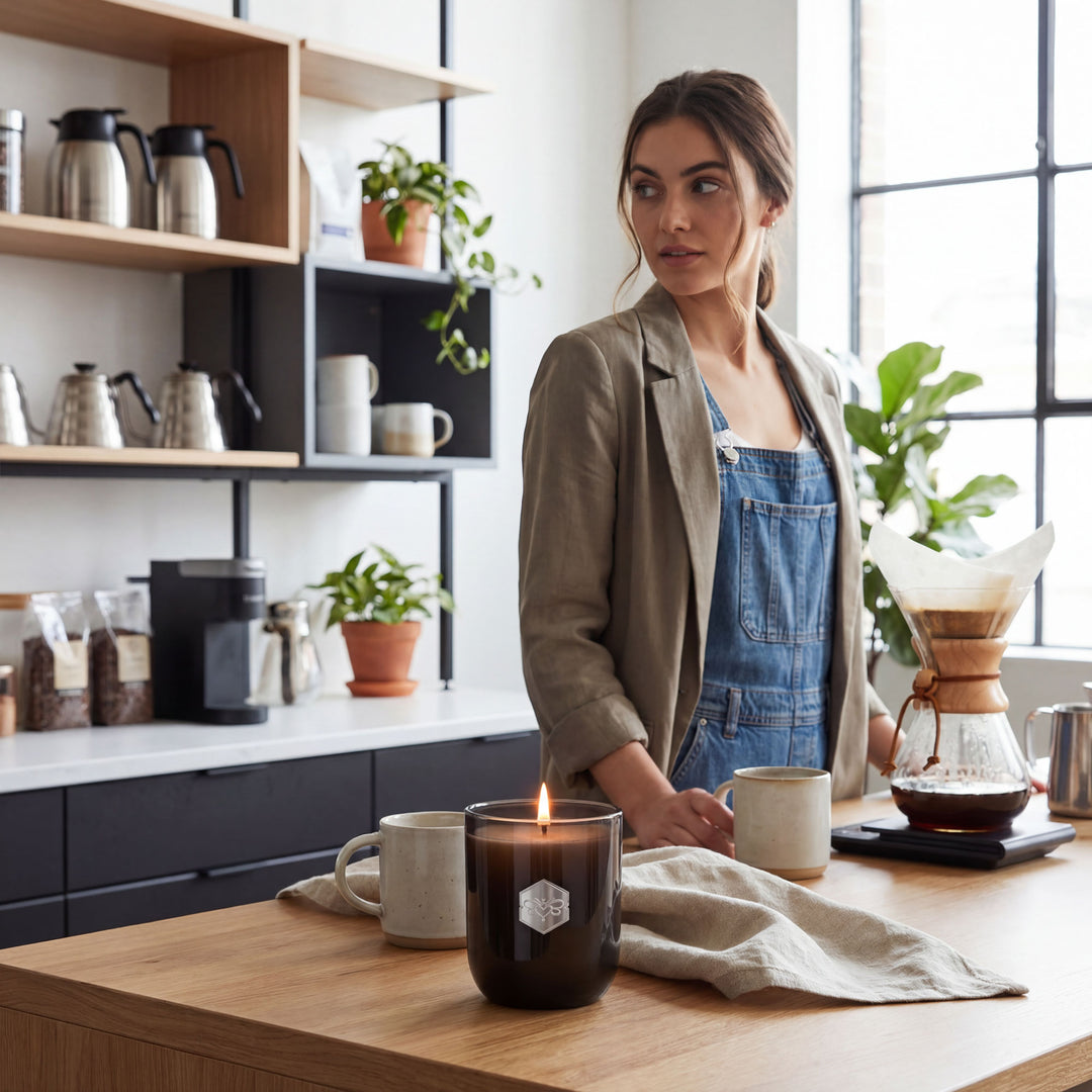 gal in break room relaxing and enjoying candle and coffe