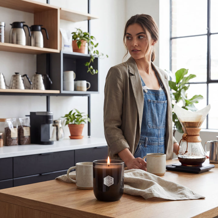gal in break room relaxing and enjoying candle and coffe