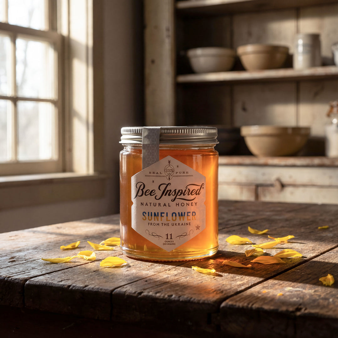 Jar of 'Bee Inspired' sunflower honey on a wooden table with a rustic background.