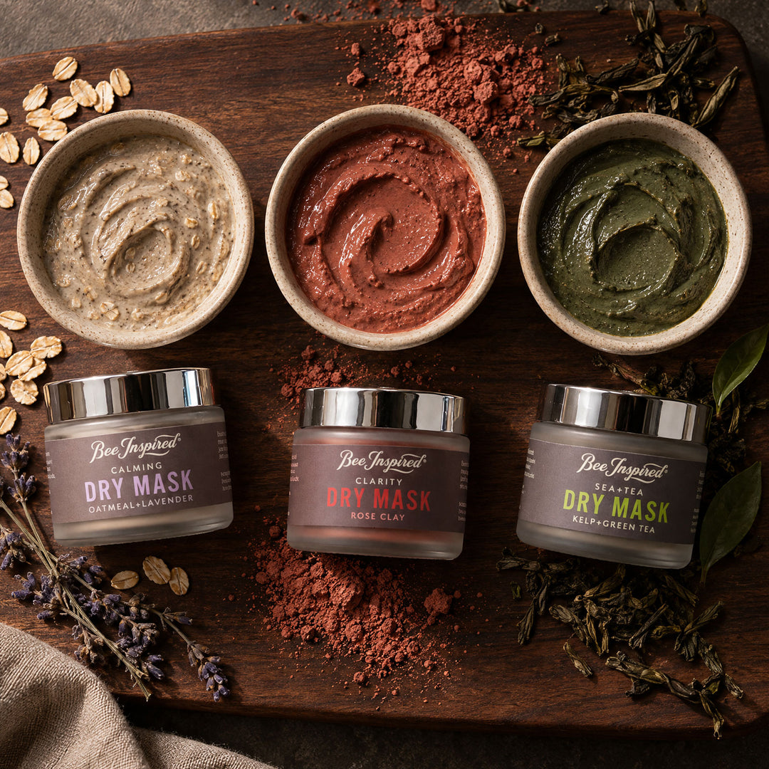 set of three dry masks editorial shot with ingredients