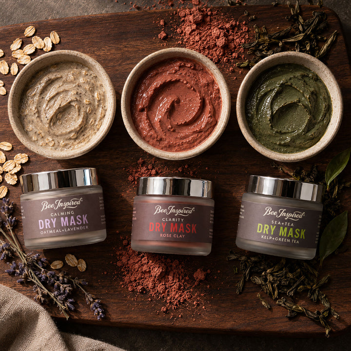 set of three dry masks editorial shot with ingredients