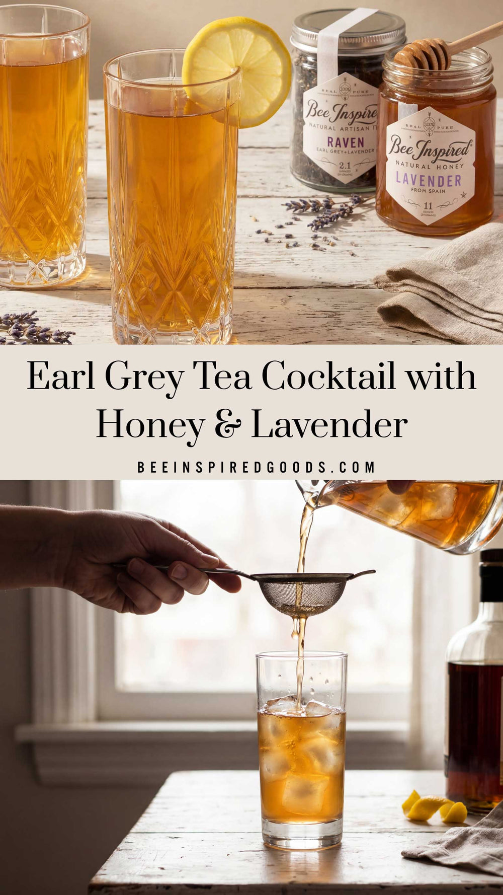 Earl Grey tea cocktail with honey and lavender being prepared on a wooden surface.