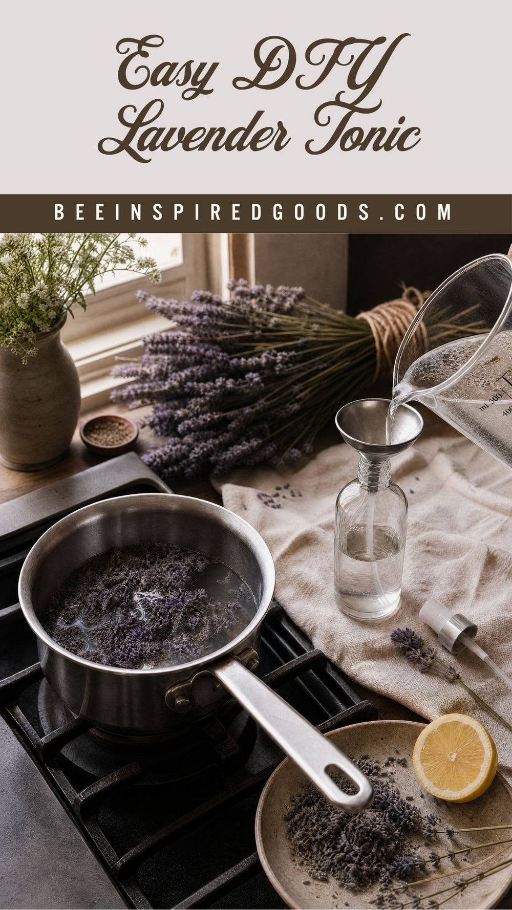 Lavender tonic preparation on a stove with ingredients and tools.