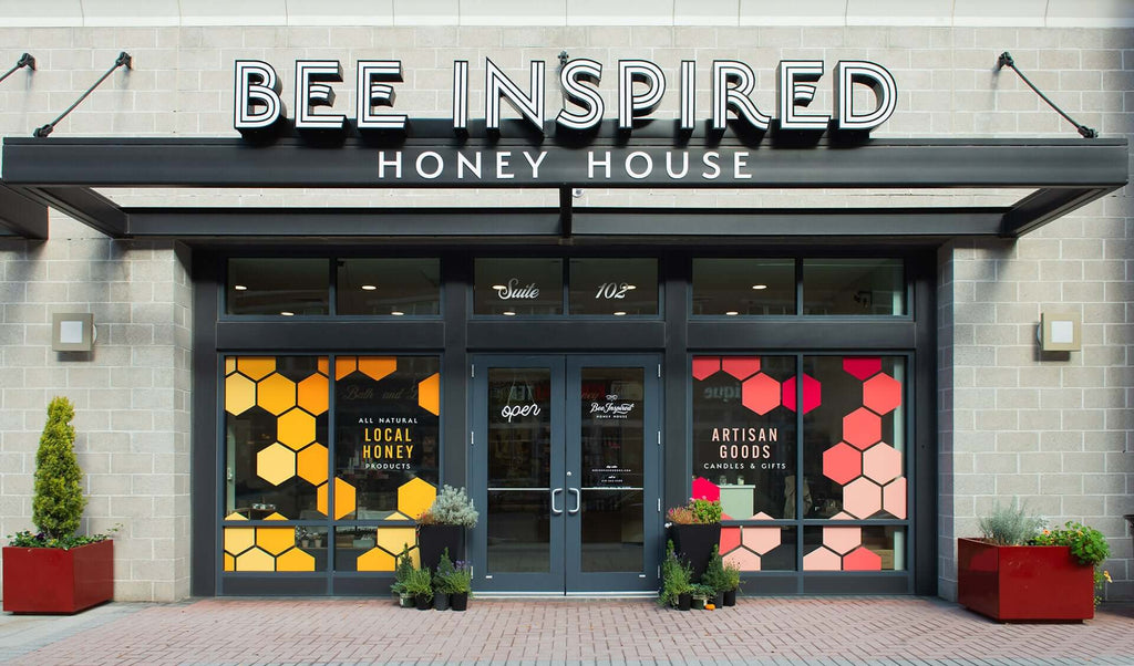 Main entrance of Bee Inspired Honey House storefront in Owings Mills Maryland