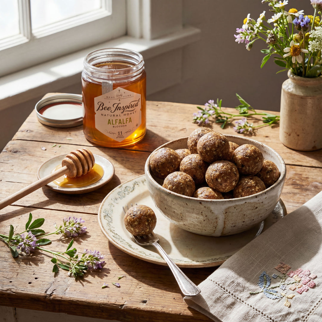 Honey jar, bowl of honeycomb, and honeycomb balls on a wooden table with flowers.