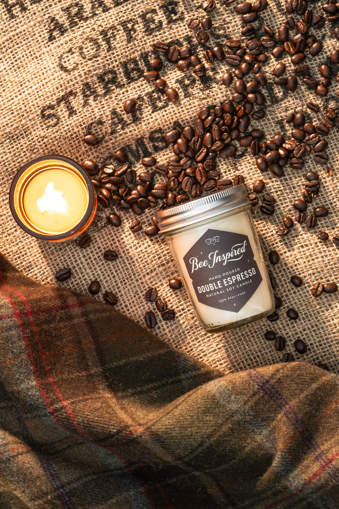 Double Espresso jelly jar candle flat lay with espresso beans 