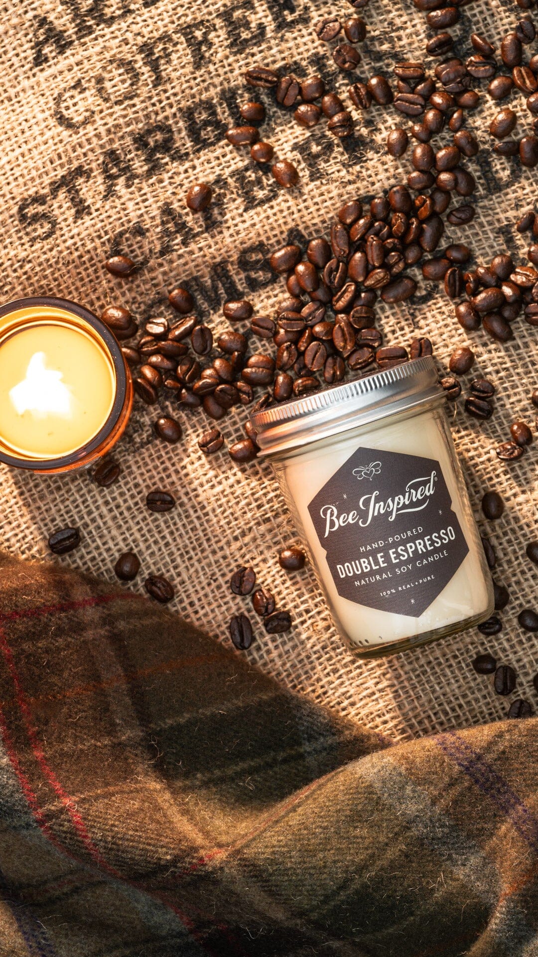 double espresso soy jelly jar candle on coffee bag