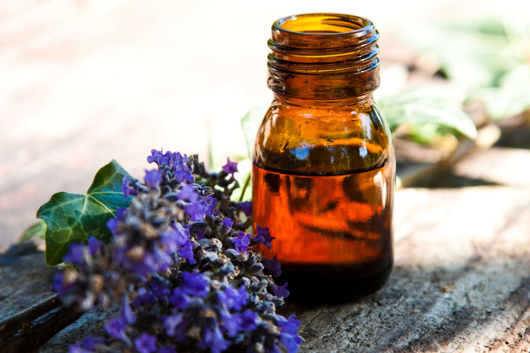 Essential oil bottle containing lavender oil next to lavender flower