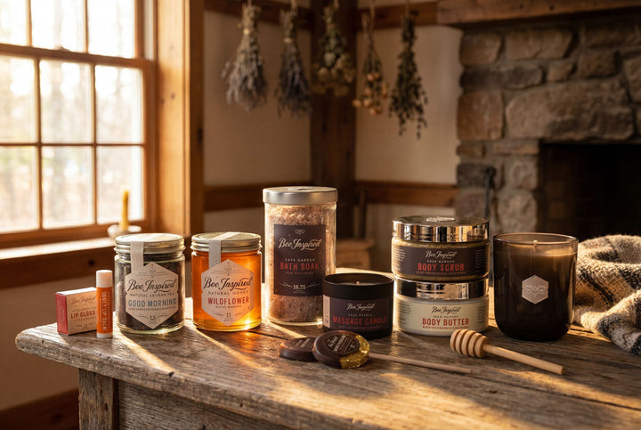 Collection of jars and candles on a wooden surface with a stone fireplace in the background