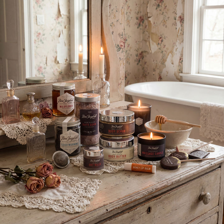 Vintage-style bathroom with candles, jars, and other products on a wooden surface.