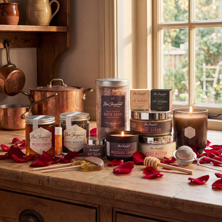 Assorted beauty products including candles, lip balms, and body scrubs on a wooden surface with a window in the background.