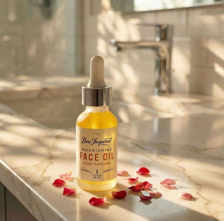 Bottle of Bee Inspired Nourishing Face Oil on a bathroom counter with rose petals.