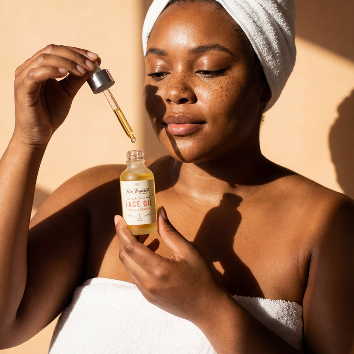 Woman holding a bottle of face oil with a dropper against a beige background