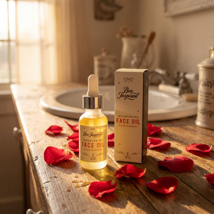 Bee-Inspired nourishing face oil bottle and packaging on a wooden surface with red rose petals.