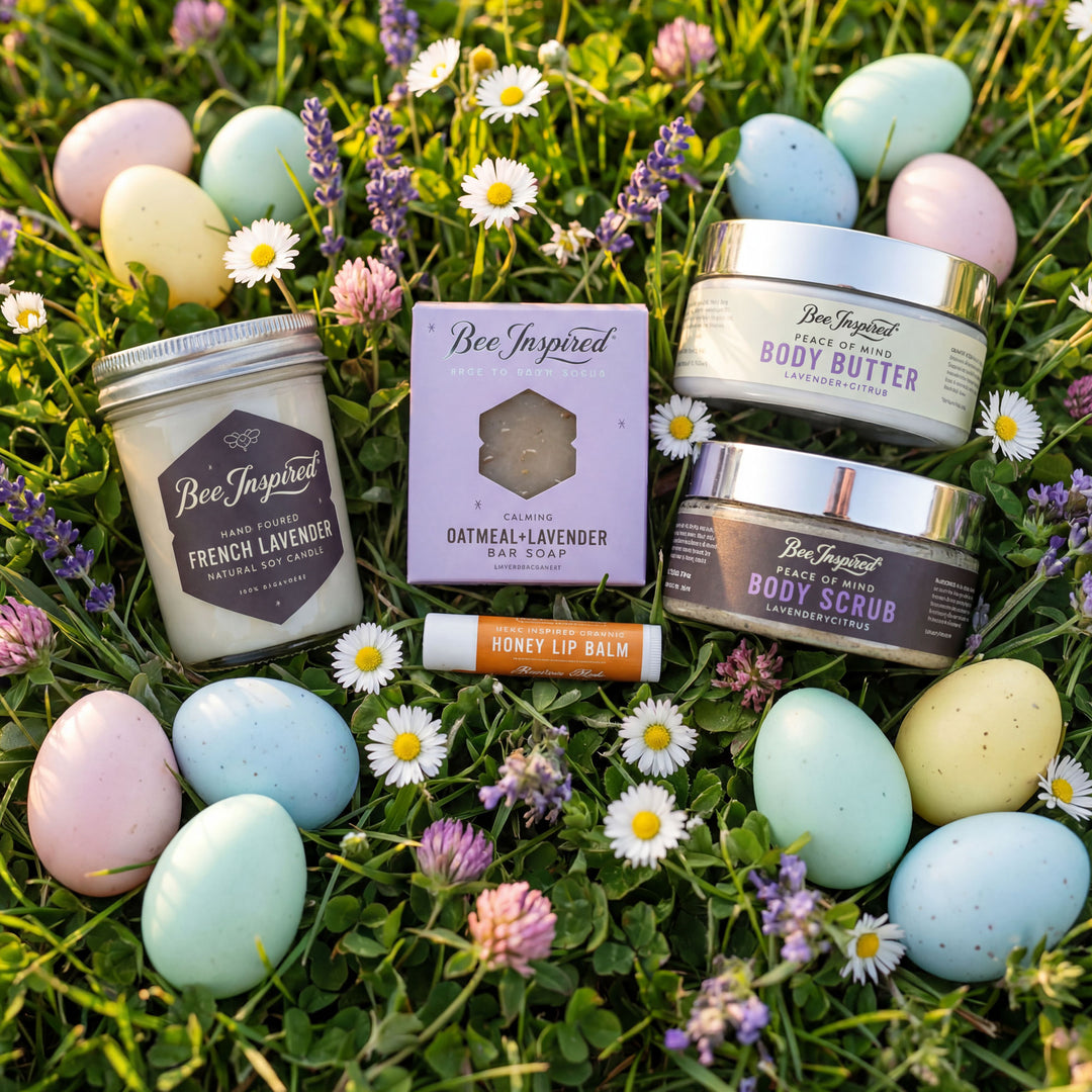 Bee-inspired skincare products and Easter eggs on grass with flowers