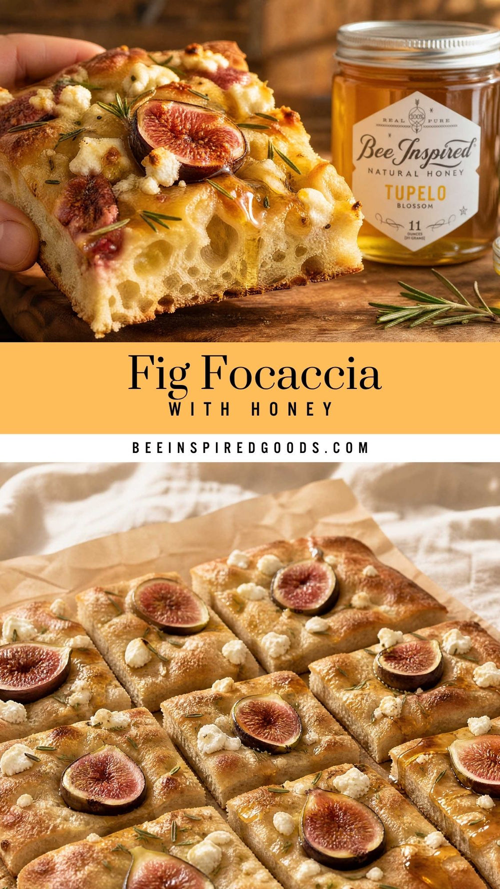 Fig focaccia with honey on a wooden board, featuring a jar of honey labeled 'Bee Inspired'.