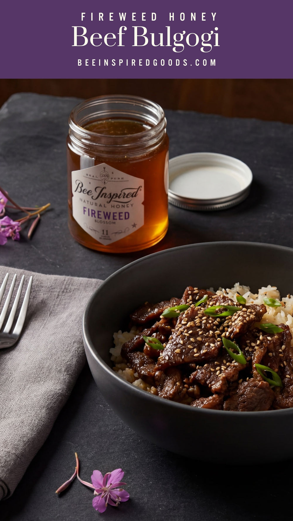 Fireweed honey beef bulgogi with a jar of fireweed honey on a dark surface.