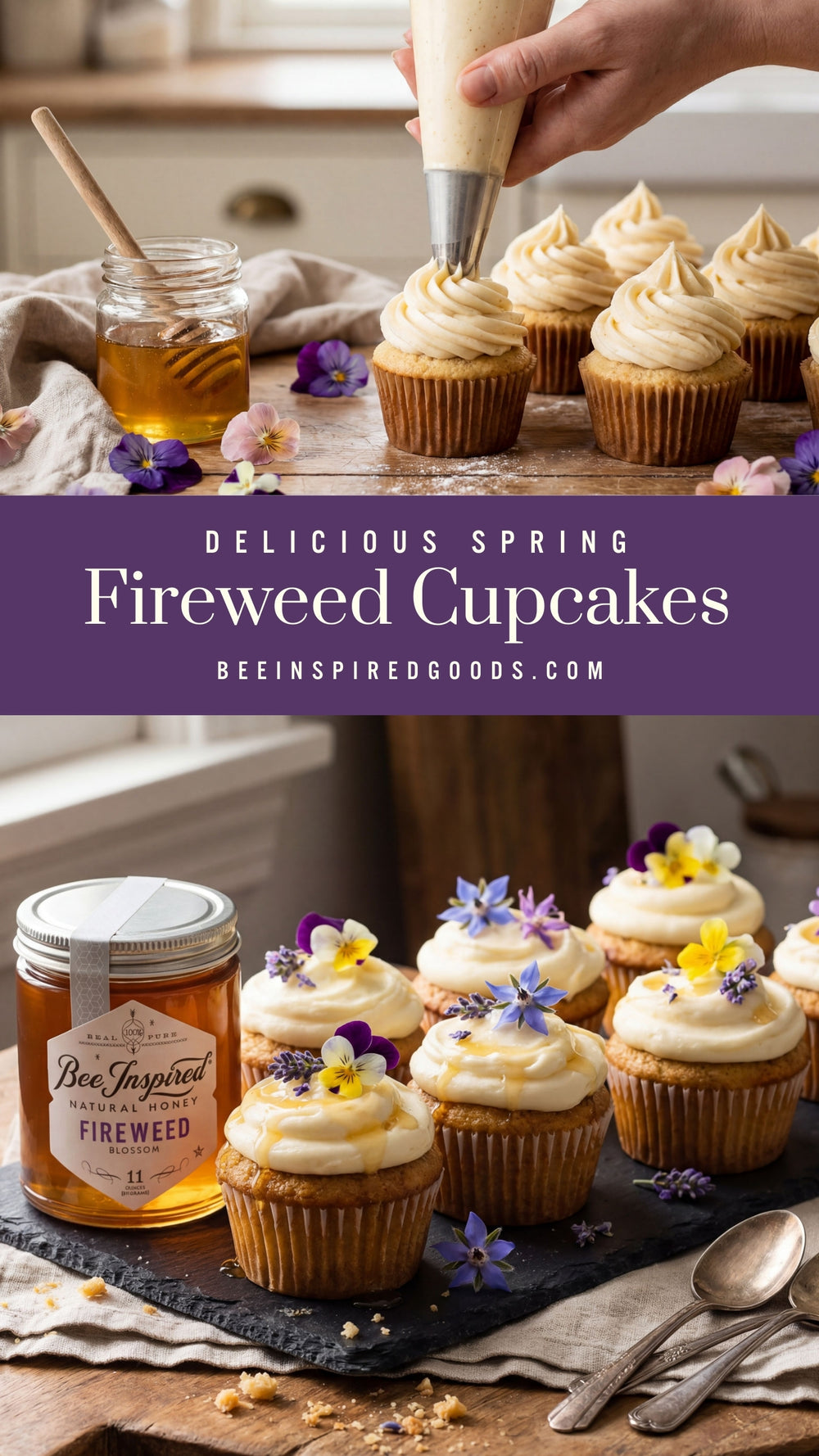 Fireweed cupcakes being frosted with a jar of fireweed and flowers on a table.