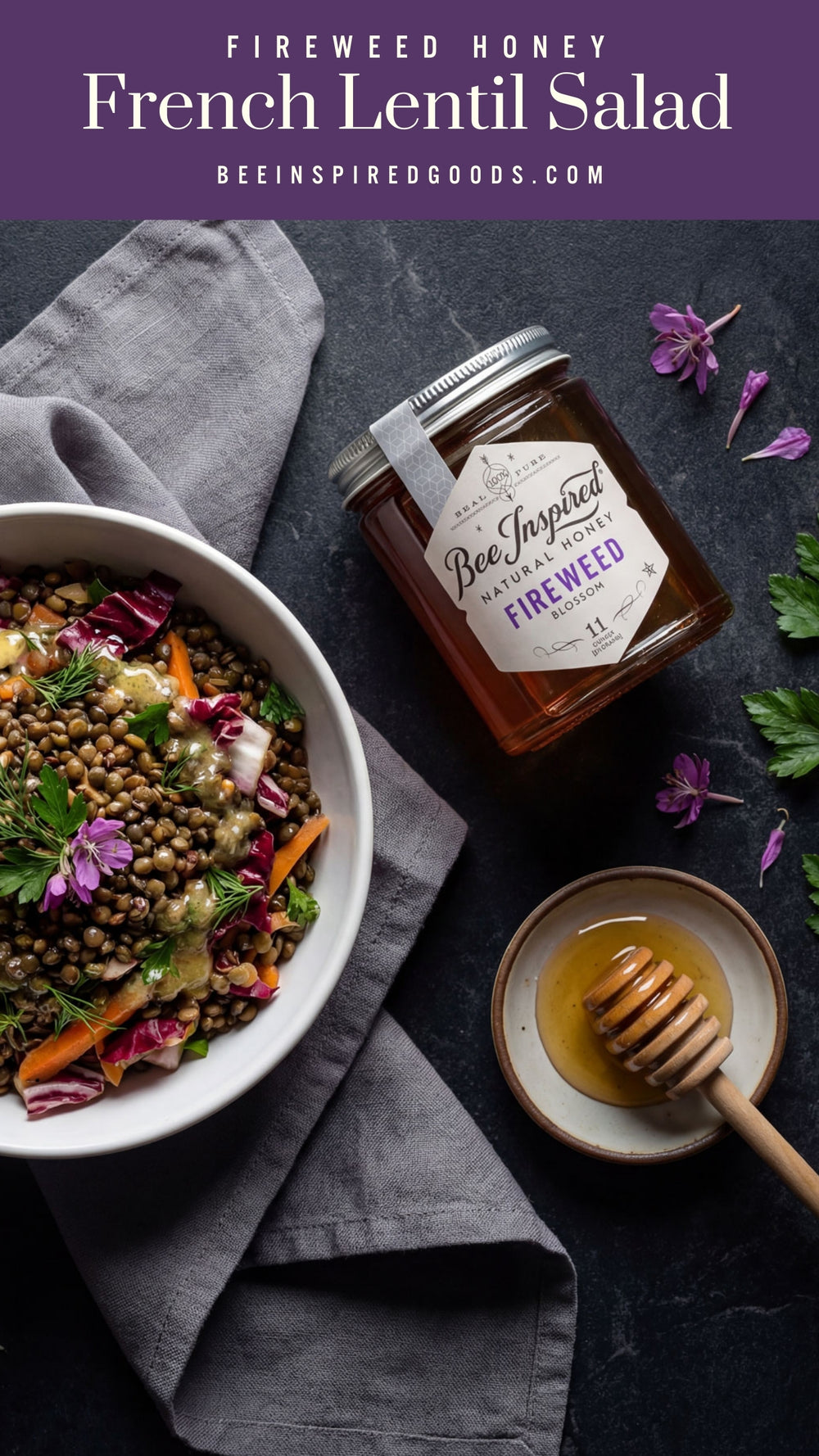 French Lentil Salad with Fireweed Honey on a dark surface