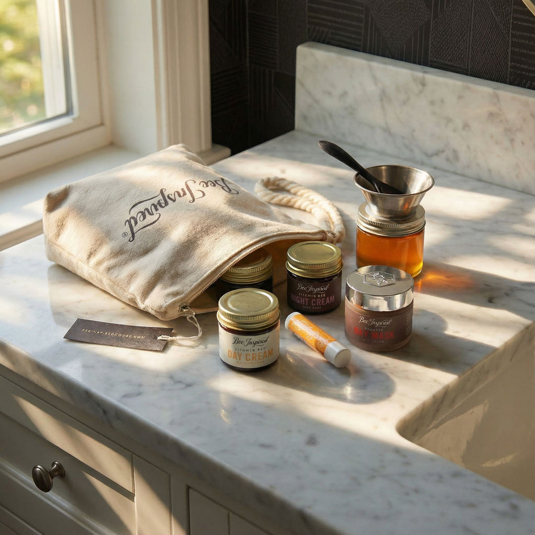 Jars of facial products in a cloth bag on a marble countertop with natural light.
