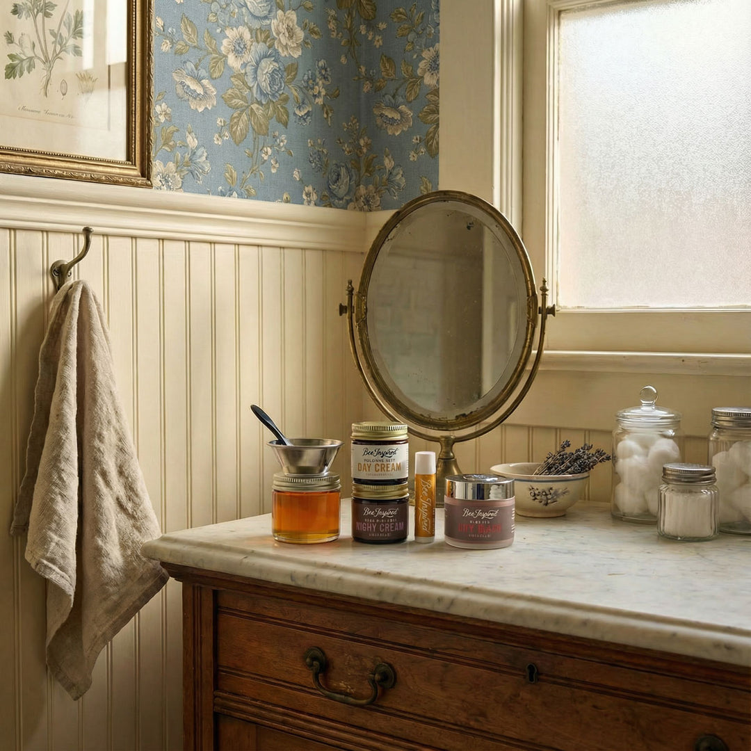 Vintage-style bathroom counter with skincare products and a mirror.