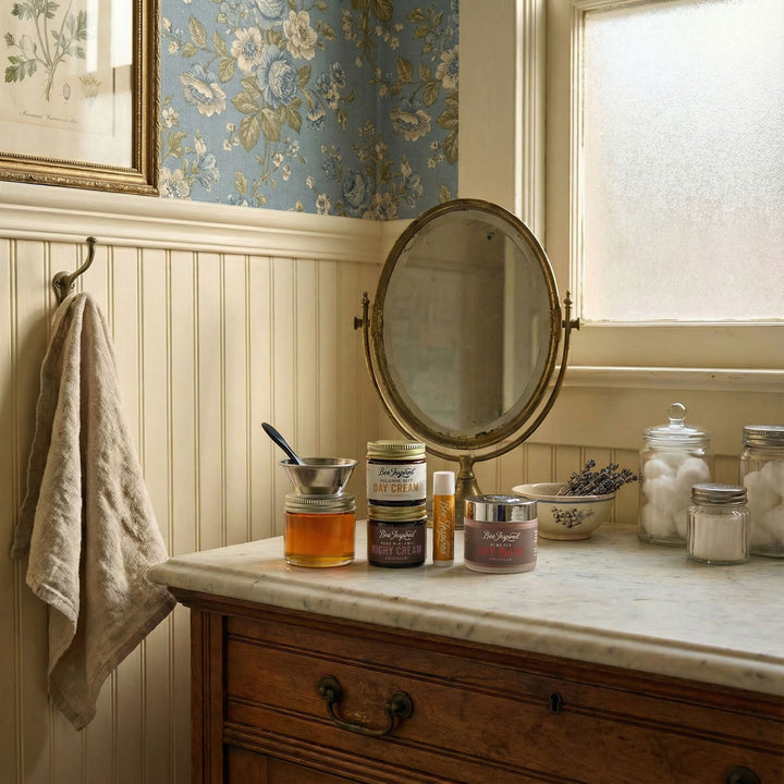 Vintage-style bathroom counter with skincare products and a mirror.