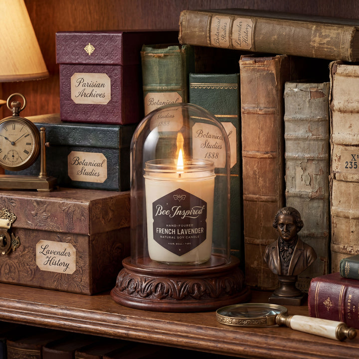 Candle labeled 'Bee Inspired' in a decorative glass dome on a wooden shelf with vintage books and items.