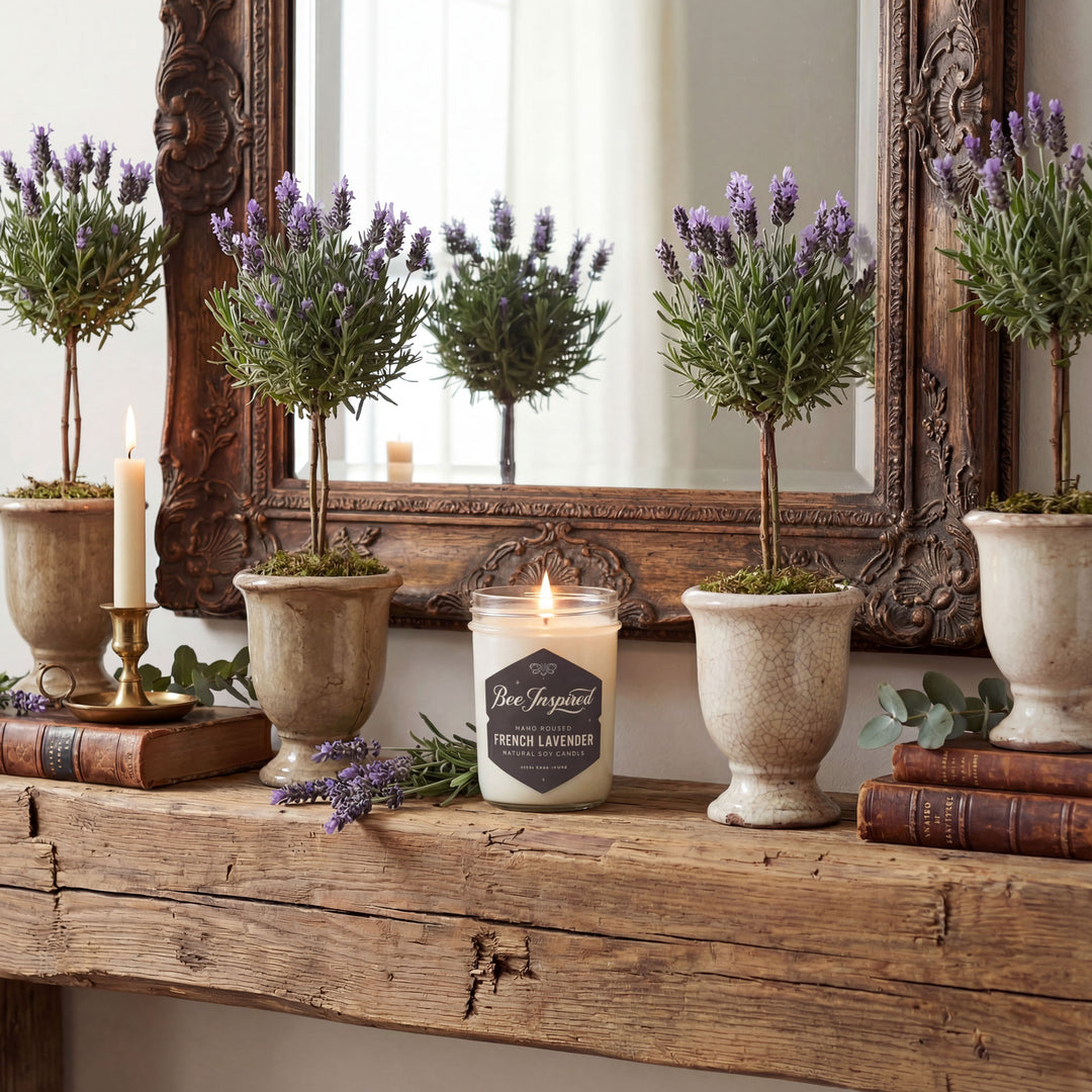 old french mantle with ornate wood mirror and topiary lavender trees in urns surrounding Bee Inspired French lavender candle lit