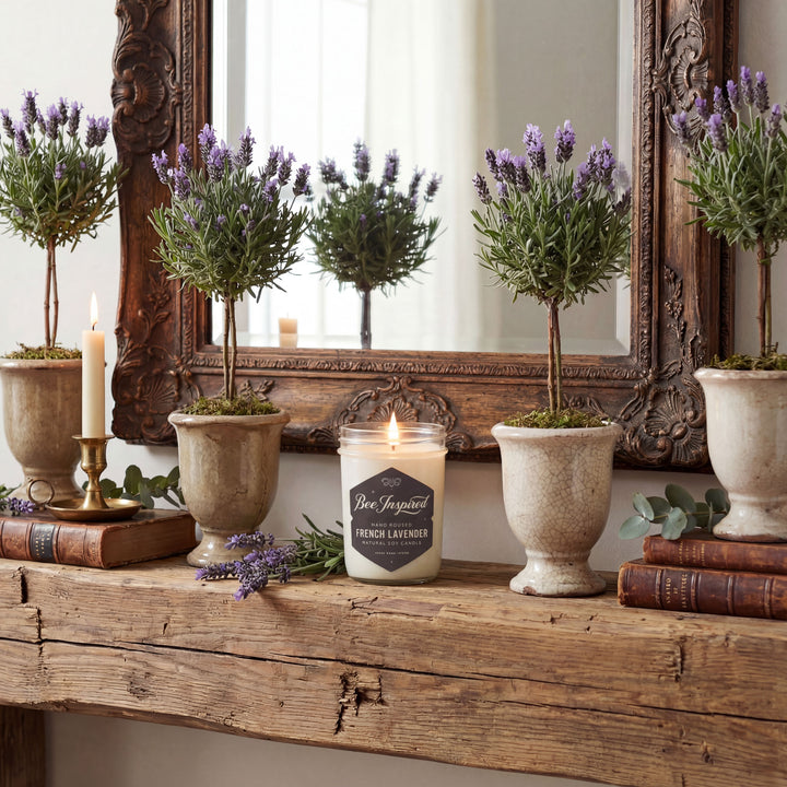 old french mantle with ornate wood mirror and topiary lavender trees in urns surrounding Bee Inspired French lavender candle lit