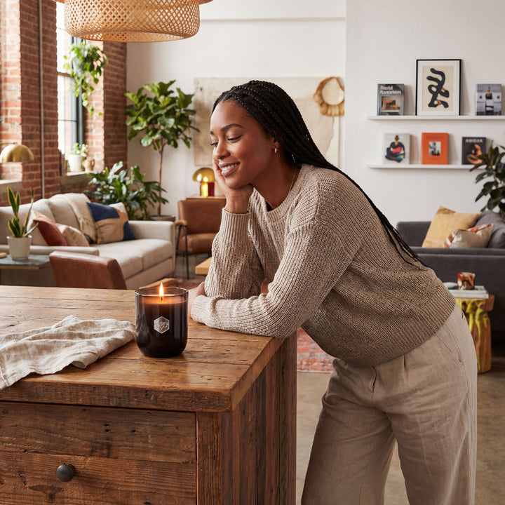 Woman leaning on a wooden table in a cozy living room with a candle
