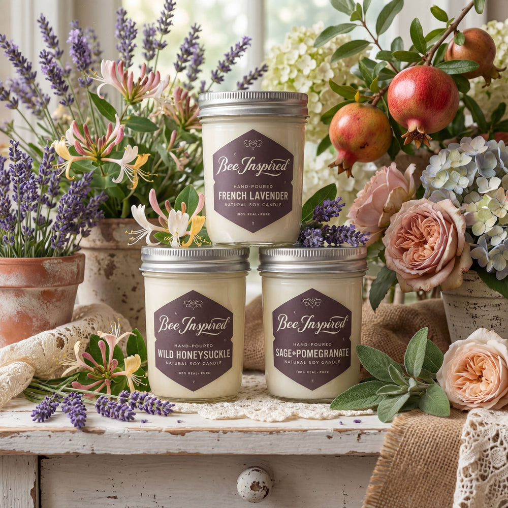 Three 'Bee Inspired' candles on a wooden surface with flowers and pomegranates in the background.