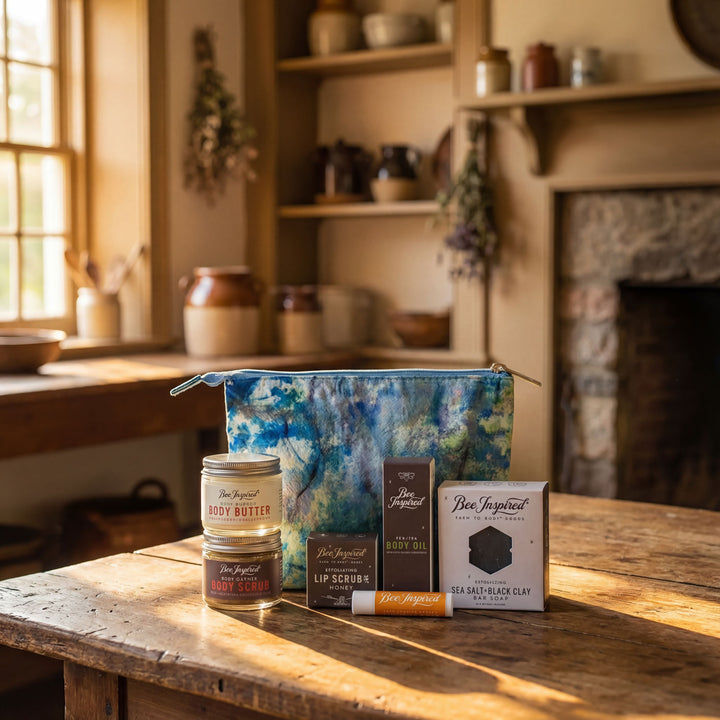 Collection of skincare products on a wooden table with a rustic background