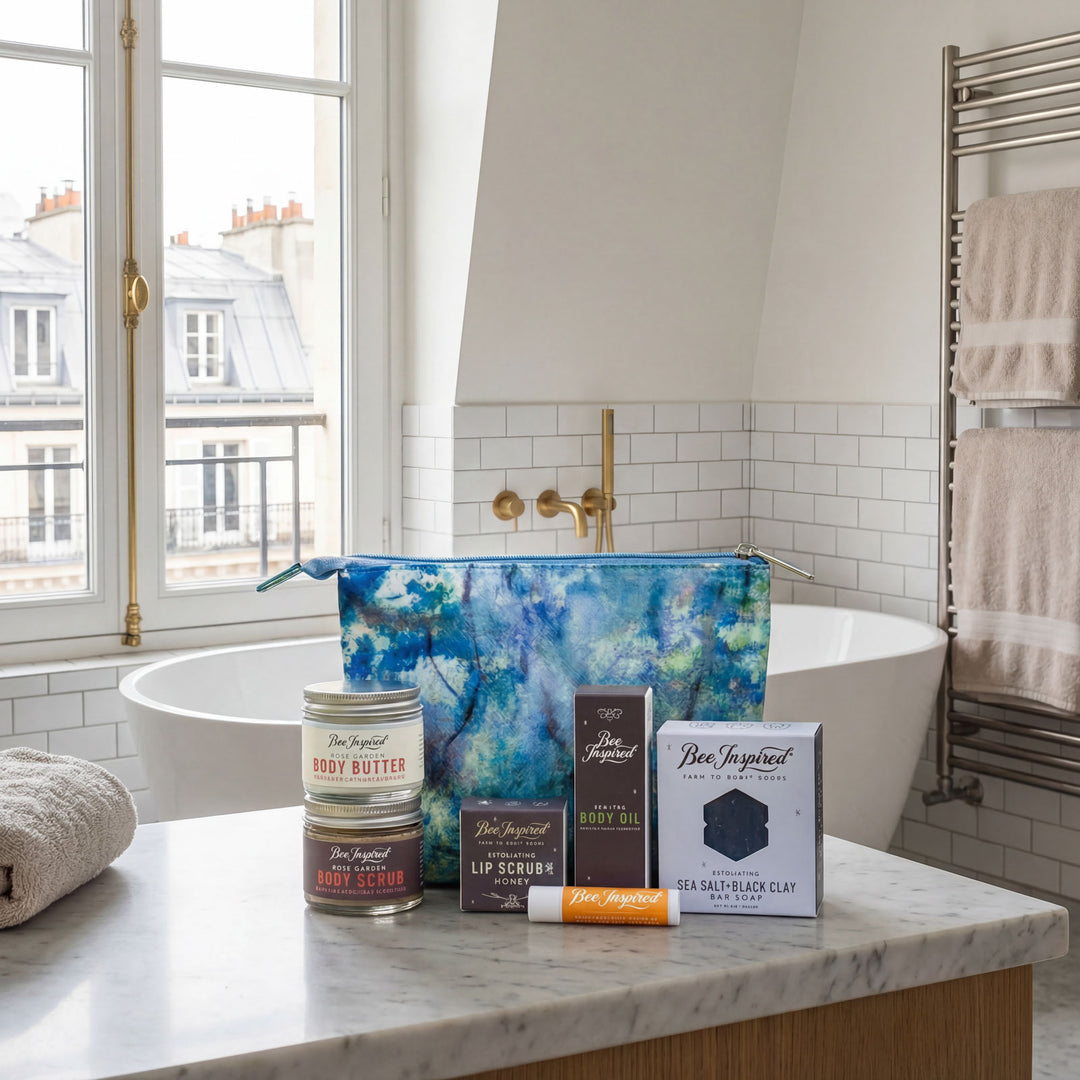 Cosmetic bag with skincare products on a bathroom counter