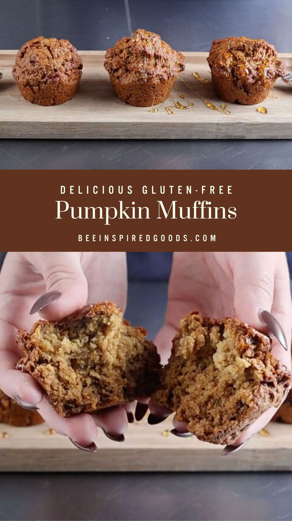 Gluten-free pumpkin muffins on a wooden board with a person holding one open, promotional text overlay.
