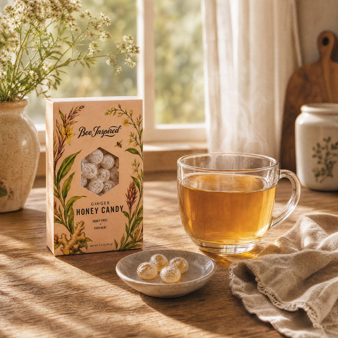 A box of Bee Favored Ginger Honey Candy stands on a rustic wooden table beside a glass mug filled with amber tea, with two small honey balls in a dish and a vase of dried flowers in the background.