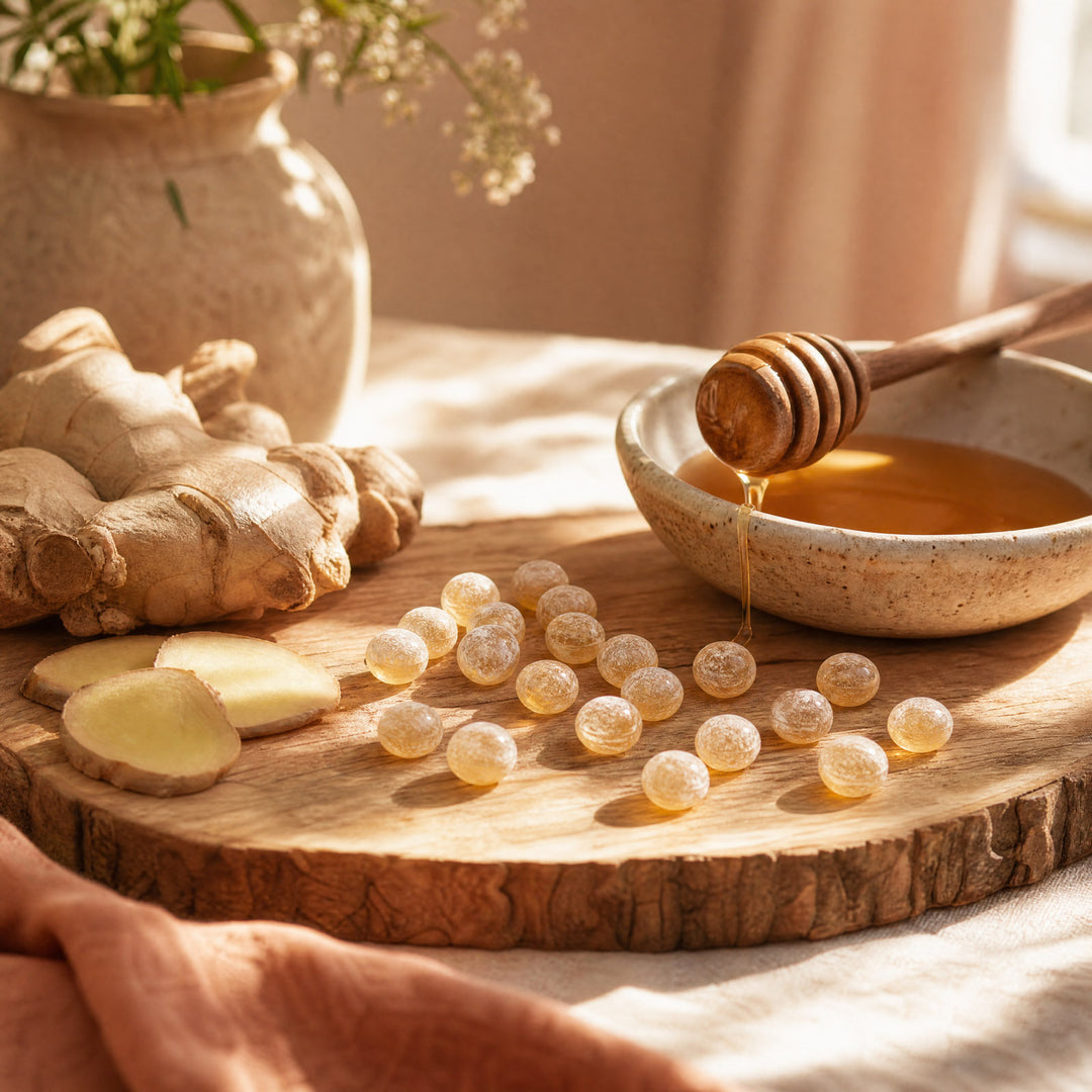 A rustic styled scene showing honey in a small bowl with a wooden dipper, ginger root and sliced ginger on a wood slice, and several small round honeycomb-like pieces dusted with powdered sugar. The setup is lit by warm natural light with a soft pink-beige background and blurred flowers in the background.