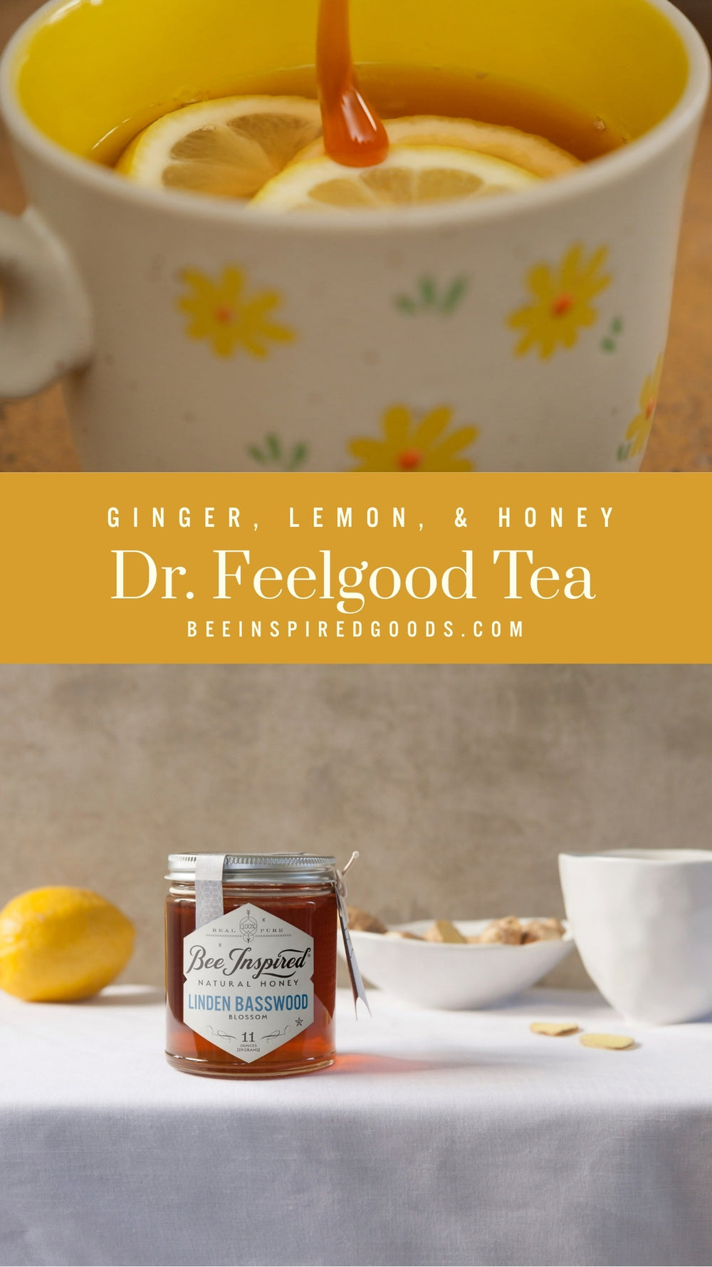 Dr. Feelgood Tea advertisement with a cup of tea, lemon, and jar on a table.