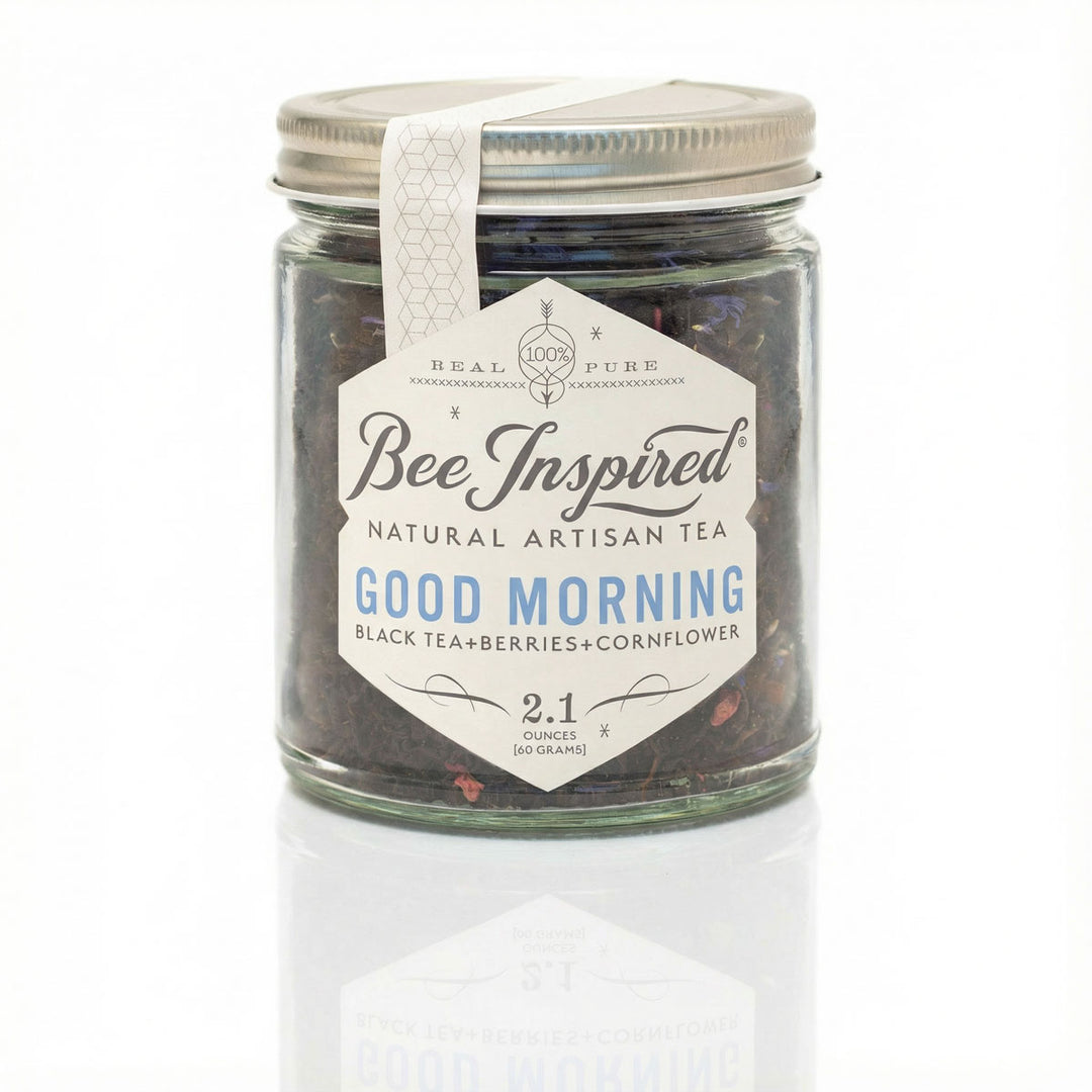 Jar of 'Bee Inspired' natural artisan tea labeled 'Good Morning' on a white background