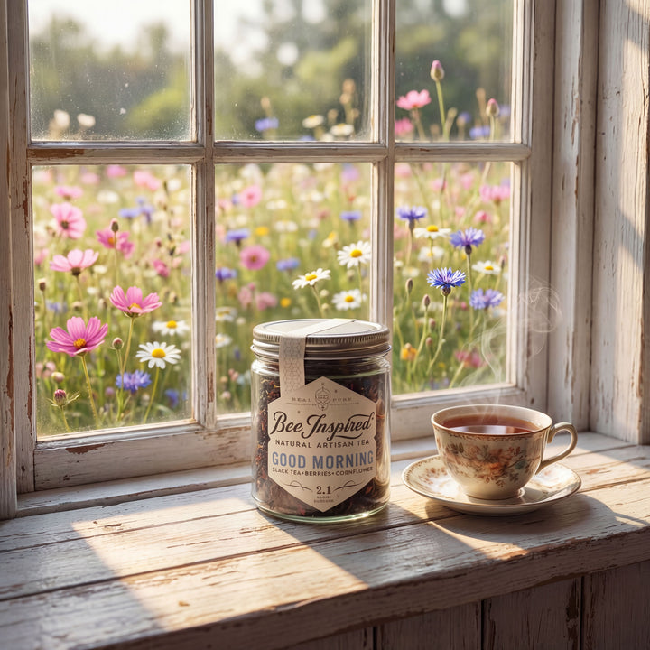Tea cup and jar with 'Bee Inspired' branding on a windowsill with a view of flowers outside.
