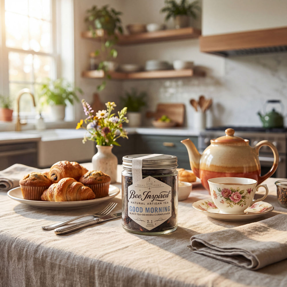 Tea set with a jar of 'Bee Inspired' tea, croissants, and muffins on a kitchen table.
