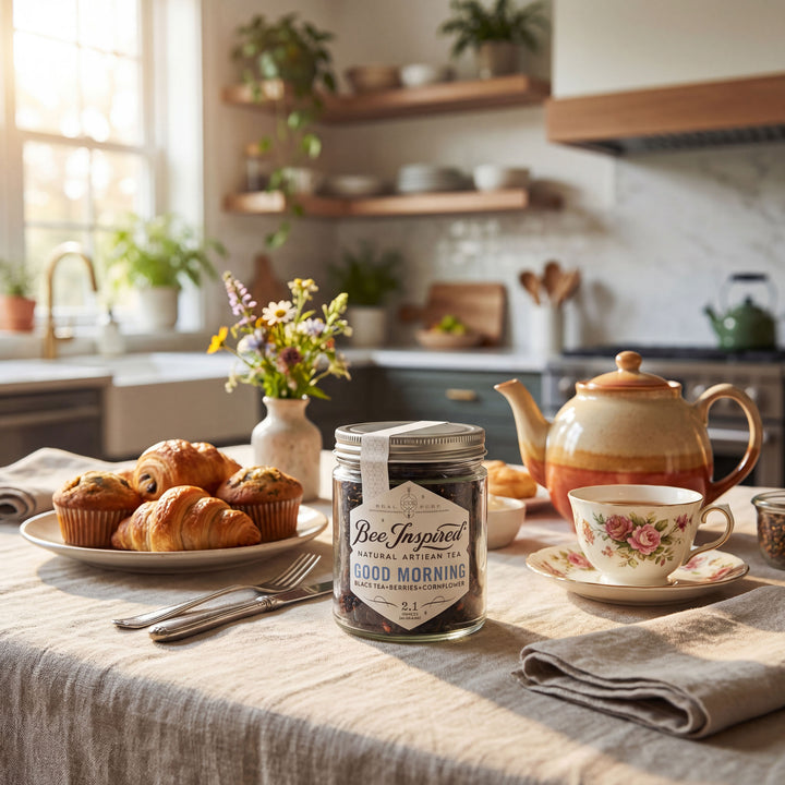 Tea set with a jar of 'Bee Inspired' tea, croissants, and muffins on a kitchen table.