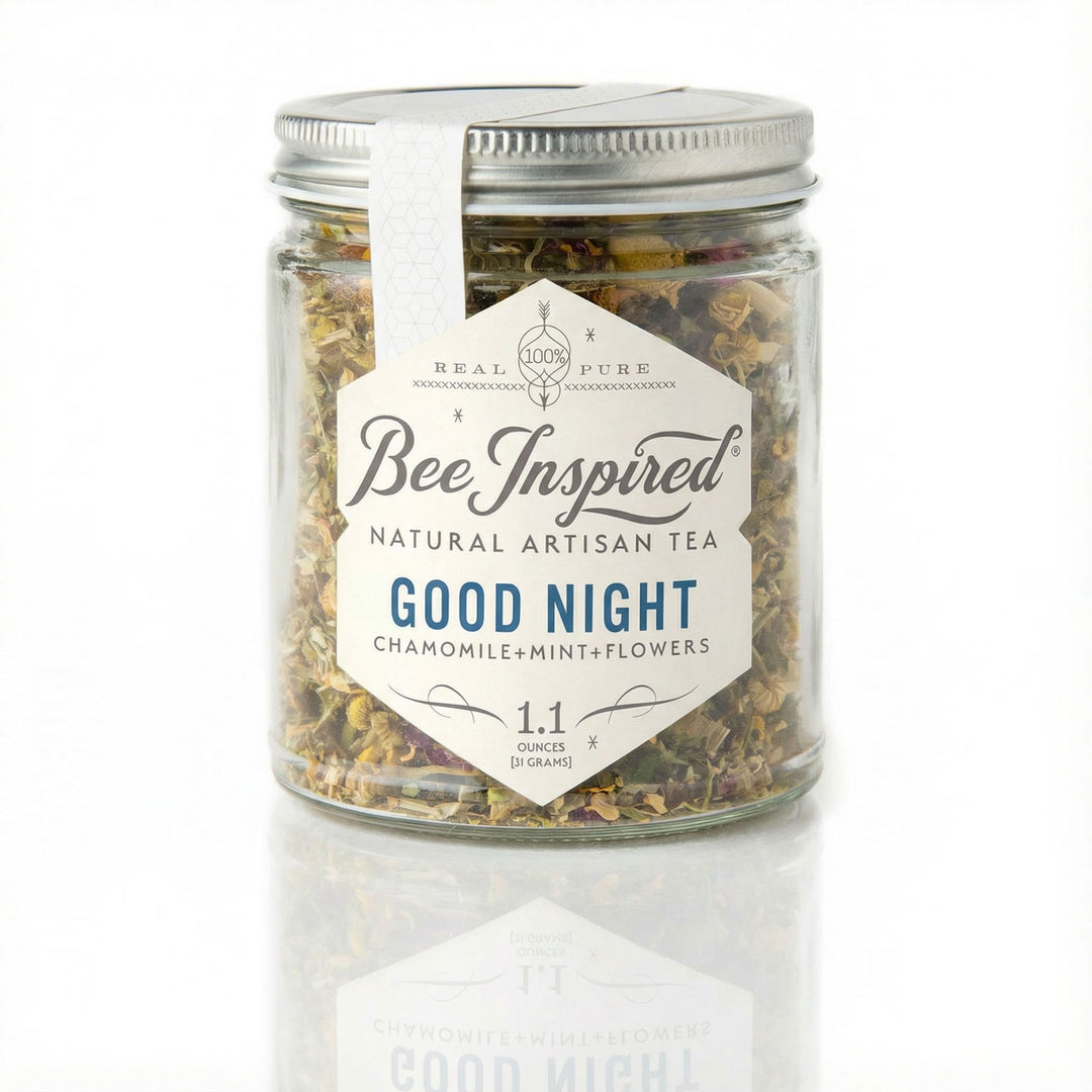 Jar of 'Bee Inspired' natural artisan tea labeled 'Good Night' on a white background