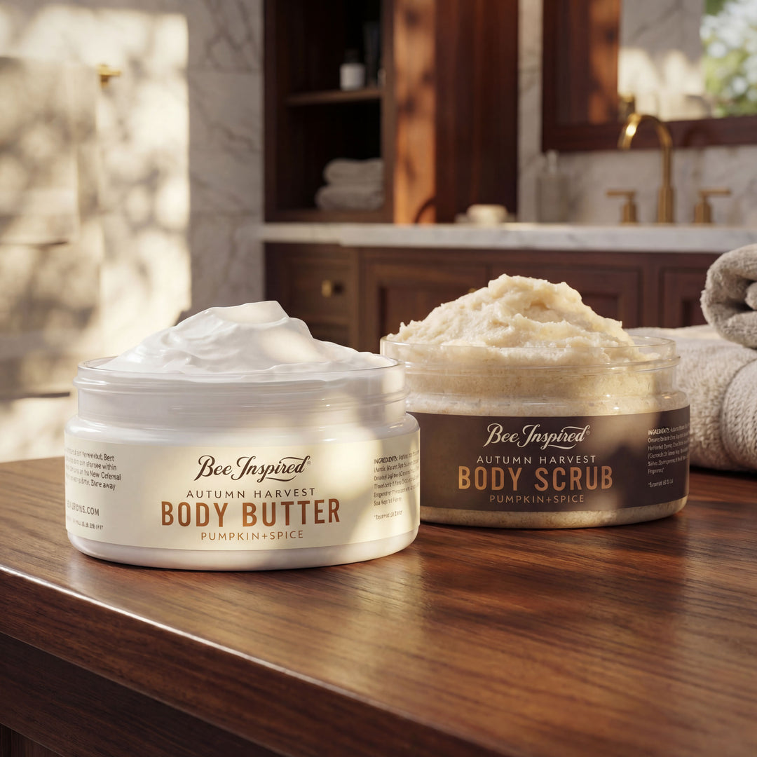 Two jars of Bee Inspired body products on a bathroom counter.