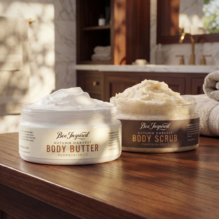 Two jars of Bee Inspired body products on a bathroom counter.