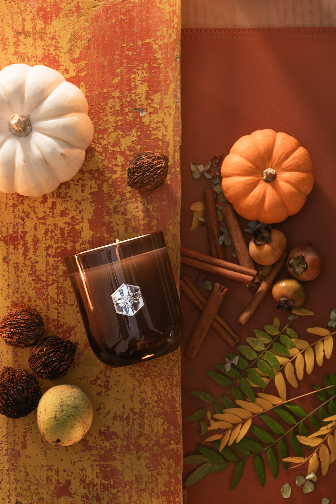 Autumn Harvest Luxe Candle from bee inspired honey retail store in owings mills with pumpkin walnuts and fall foliage