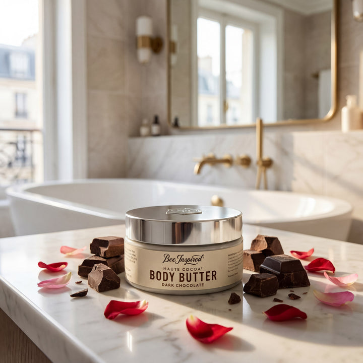 Body butter jar on a bathroom counter with chocolate pieces and rose petals