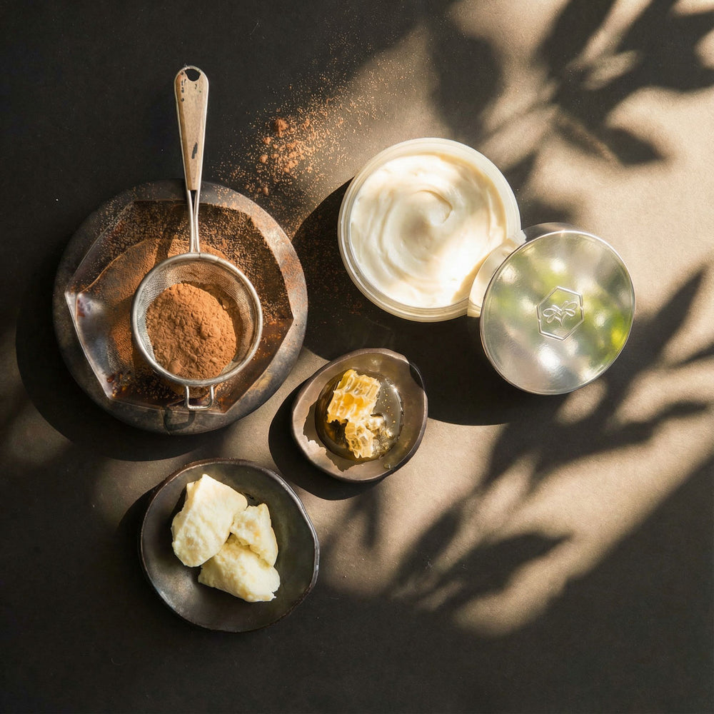 Haute Cocoa Body Butter, honeycomb, and cocoa powder on a dark surface with leaf shadows.