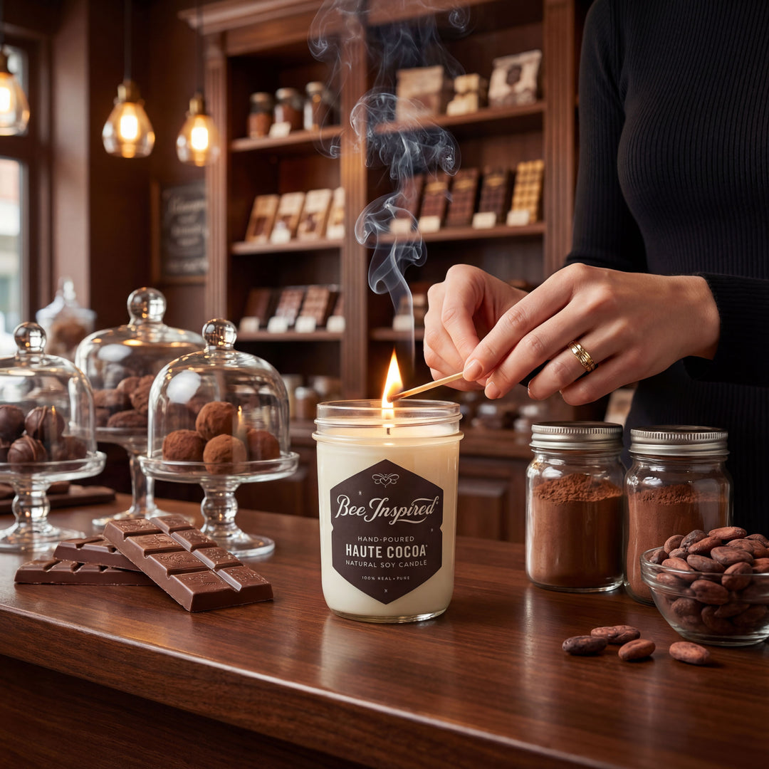 Person lighting a 'Bee Inspired' candle on a wooden surface with chocolate and spices in the background.